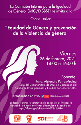 Cartel promocional: Charla - taller "Equidad de Género y prevención de la violencia de género" 